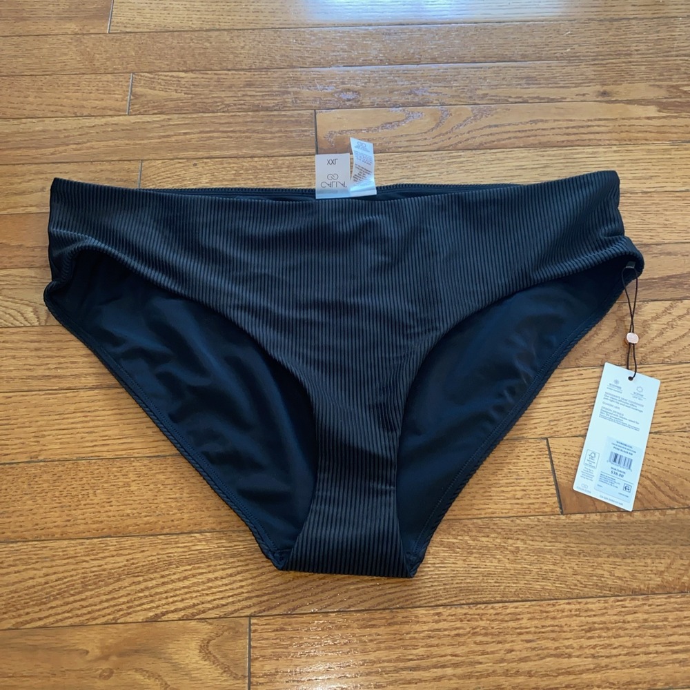 Calia by Carrie Underwood Women's Mid Rise Bikini Bottom Pure Black Ribbed XXL